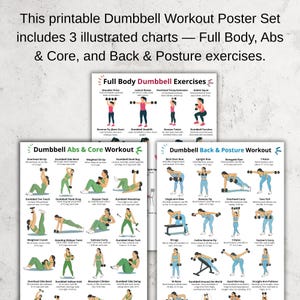 Op de afbeelding: Printbare dumbbell workout poster set met drie ge&iuml;llustreerde kaarten. De kaarten bevatten oefeningen voor het hele lichaam, buikspieren en core, en rug en houding. Elke kaart bevat ge&iuml;llustreerde oefeningen met instructies.
