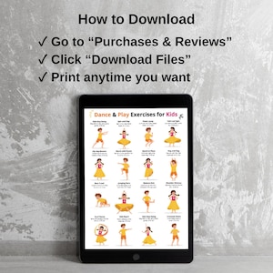 May include: A black tablet displays "Dance & Play Exercises for Kids" with illustrations of various dance moves. The tablet is set against a gray textured background. Above the tablet, text reads "How to Download" with instructions.