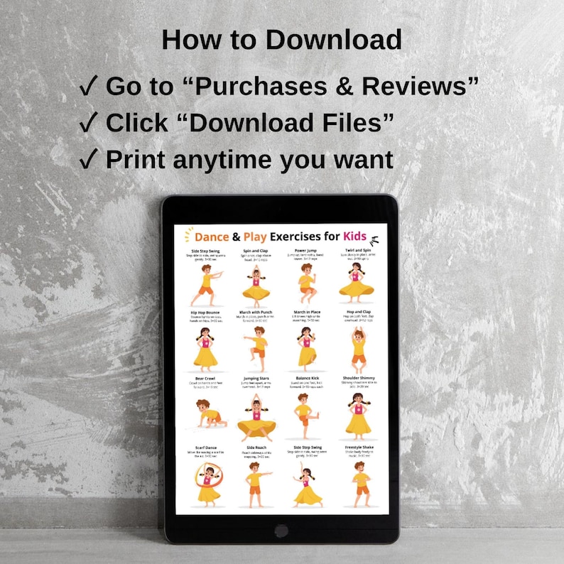 May include: A black tablet displays "Dance & Play Exercises for Kids" with illustrations of various dance moves. The tablet is set against a gray textured background. Above the tablet, text reads "How to Download" with instructions.