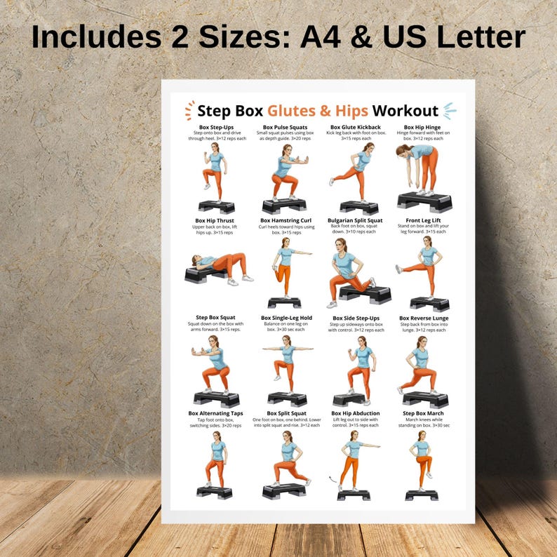 Step Box Glutes and Hips Exercise Poster – Glute, Hip and Leg Exercises ...