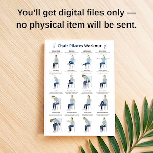 K&ouml;nnte beinhalten: Ein wei&szlig;er Druck mit dem Titel "Chair Pilates Workout" mit &Uuml;bungsillustrationen. Der Text oben lautet: "Sie erhalten nur digitale Dateien - es wird kein physischer Artikel gesendet."