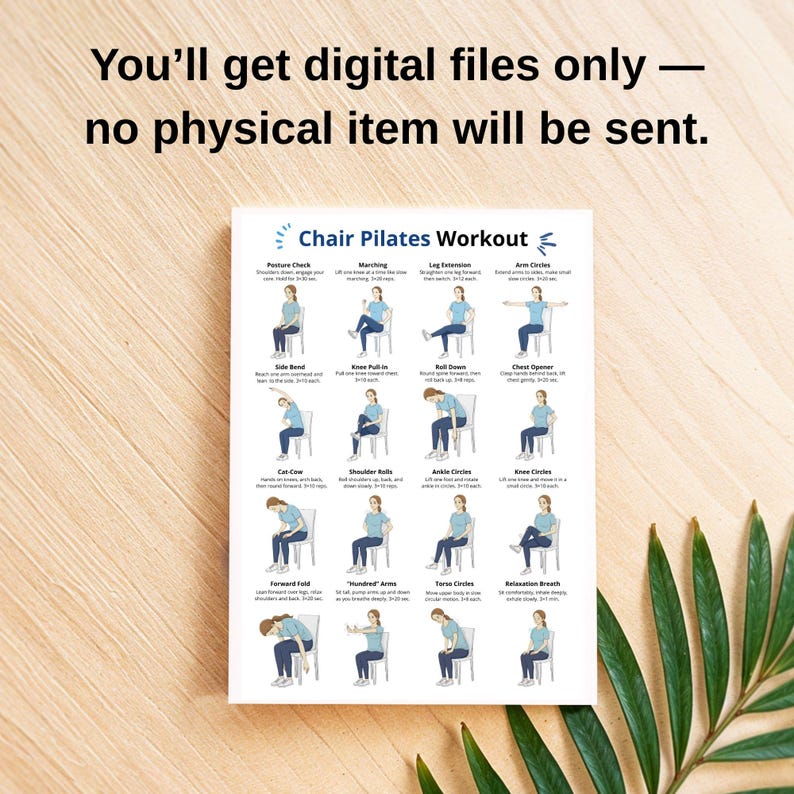 K&ouml;nnte beinhalten: Ein wei&szlig;er Druck mit dem Titel "Chair Pilates Workout" mit &Uuml;bungsillustrationen. Der Text oben lautet: "Sie erhalten nur digitale Dateien - es wird kein physischer Artikel gesendet."