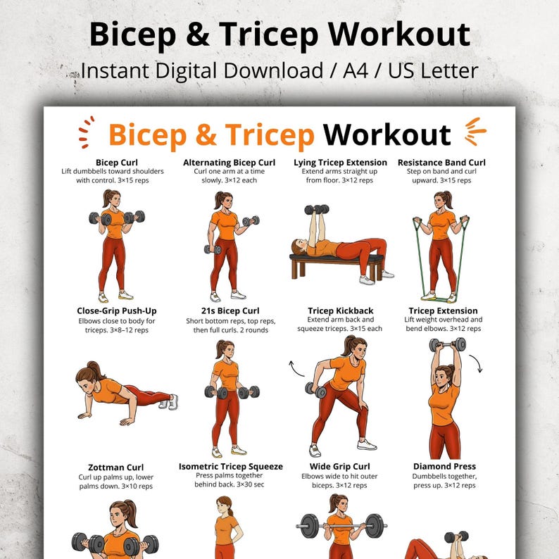 Biceps and Triceps Workout Chart, Arm Exercises With Dumbbells and ...