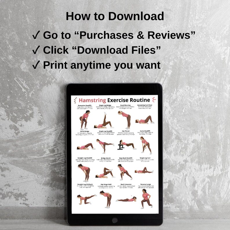 Puede incluir: Una tableta negra muestra una "Rutina de ejercicios de isquiotibiales" con ilustraciones de ejercicios. Encima de la tableta, el texto dice "C&oacute;mo descargar" con instrucciones: "Ir a 'Compras y rese&ntilde;as,' Hacer clic en 'Descargar archivos,' Imprimir cuando quieras."