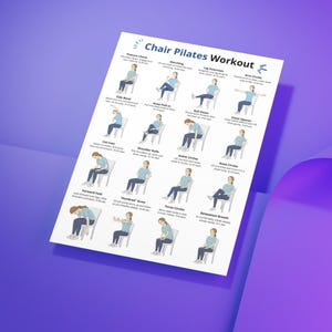 K&ouml;nnte beinhalten: Ein wei&szlig;es Papier mit dem Titel "Chair Pilates Workout" mit &Uuml;bungsillustrationen. Die &Uuml;bungen umfassen Posture Check, Marching, Leg Extension, Arm Circles, Side Bend, Knee Pull In, Roll Down, Chest Opener, Cat-Cow, Shoulder Rolls, Ankle Circles, Knee Circles, Forward Fold, Hundred Arms, Torso Circles und Relaxation Breath.