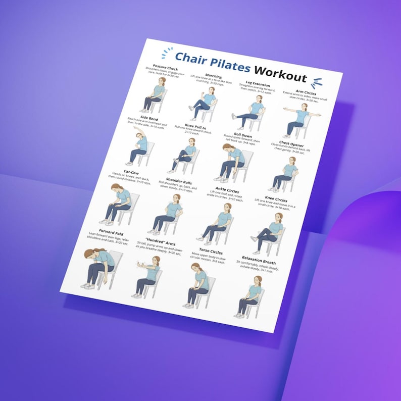 K&ouml;nnte beinhalten: Ein wei&szlig;es Papier mit dem Titel "Chair Pilates Workout" mit &Uuml;bungsillustrationen. Die &Uuml;bungen umfassen Posture Check, Marching, Leg Extension, Arm Circles, Side Bend, Knee Pull In, Roll Down, Chest Opener, Cat-Cow, Shoulder Rolls, Ankle Circles, Knee Circles, Forward Fold, Hundred Arms, Torso Circles und Relaxation Breath.