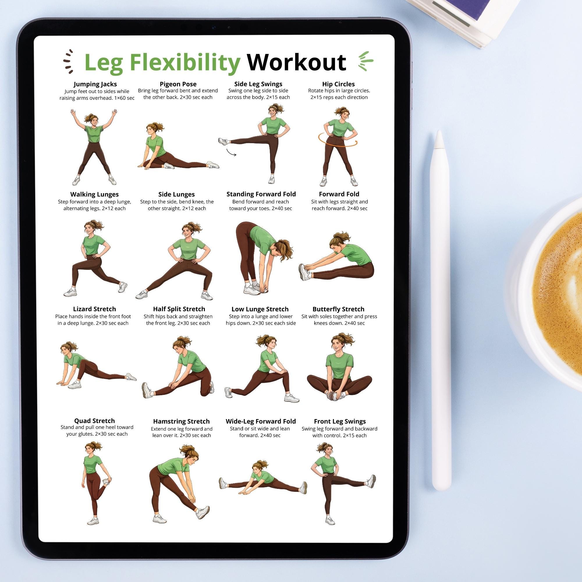 Legs Stretching Routine Leg Exercises Poster Printable, Leg Stretch Exercises Chart, Lower Body ...
