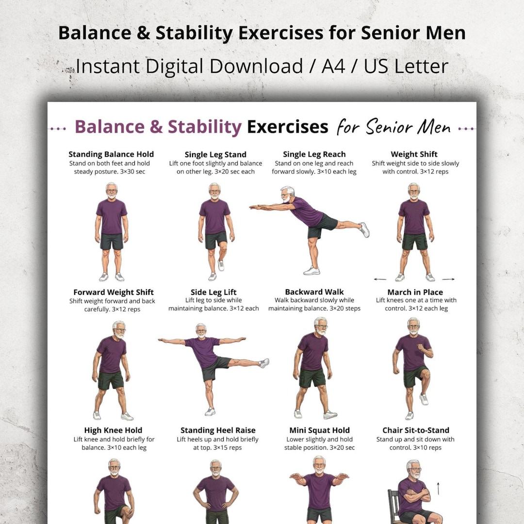 Balance and Stability Exercises for Senior Men Printable, Standing ...