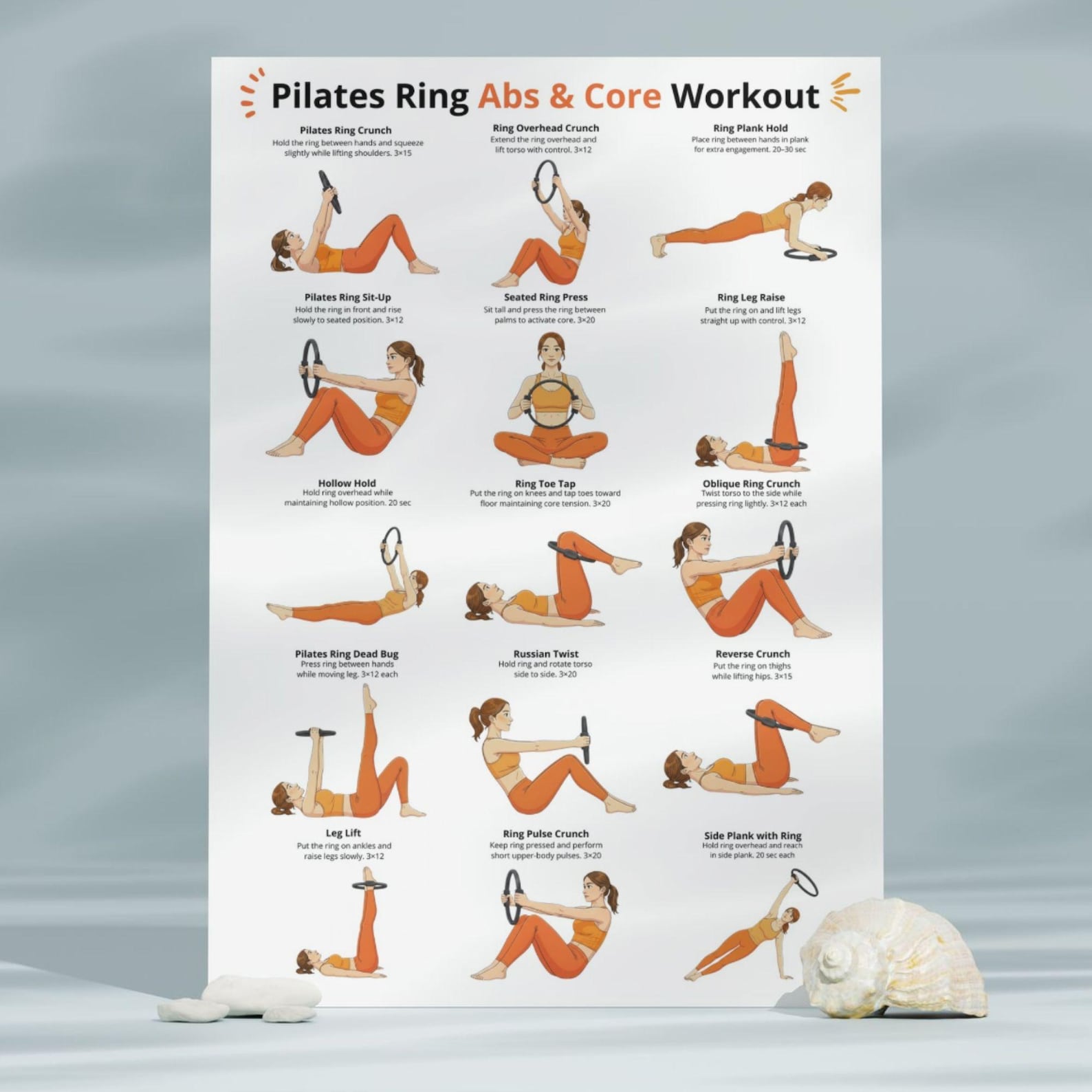 Pilates Ring Exercises Poster Set, Pilates Full Body Workout Chart, Arms Core Abs Exercises ...