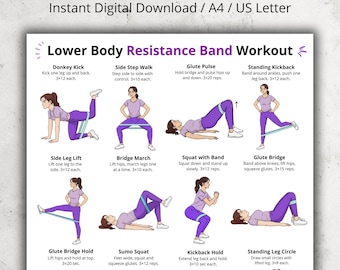 Unterkörper-Widerstand-Band Workout-Poster, Gesäß- und Bein-Übungstabelle, druckbare PDF-Datei, Widerstandsband-Training für Frauen, Heim-Fitnessstudio, Wandkunst