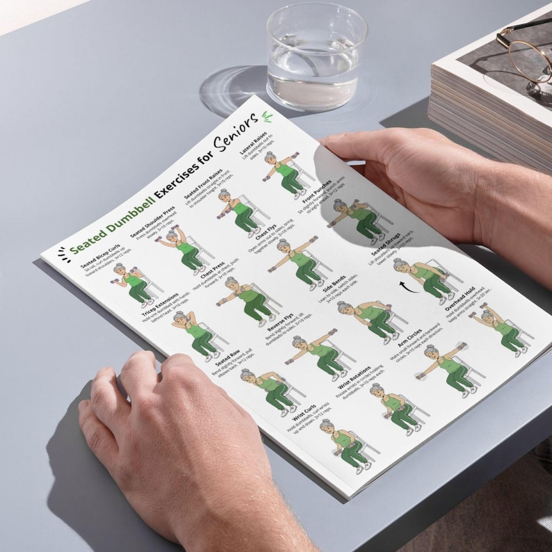 May include: A printed exercise guide titled "Seated Dumbbell Exercises for Seniors" is held by a person. The guide features illustrations of exercises, including seated bicep curls, tricep extensions, and lateral raises. A glass of water is in the background.