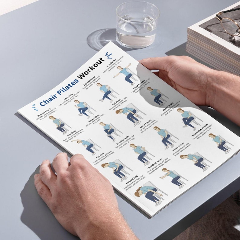 K&ouml;nnte beinhalten: Ein wei&szlig;es, bedrucktes Blatt mit dem Titel "Chair Pilates Workout" mit &Uuml;bungsillustrationen. Das Blatt wird von einer Person gehalten. Ein Glas Wasser und ein Stapel B&uuml;cher befinden sich im Hintergrund. Die &Uuml;bungen umfassen Armkreisen und Beinverl&auml;ngerungen.