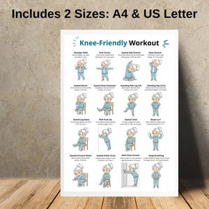 K&ouml;nnte beinhalten: Ein wei&szlig;es Poster mit dem Text "Includes 2 Sizes: A4 & US Letter" oben. Das Poster zeigt Illustrationen eines "Knee-Friendly Workout" mit &Uuml;bungen wie Schulterrollen, Armkreisen und seitlichen Dehnungen im Sitzen.