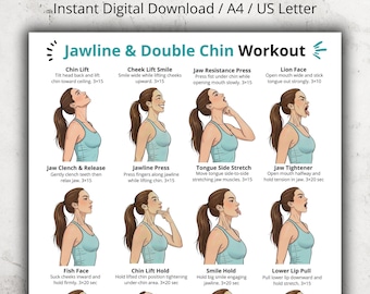 Ćwiczenia na linię żuchwy i podwójny podbródek, ćwiczenia na twarz, żuchwę i szyję, plakat z ćwiczeniami mięśni twarzy, tabela ćwiczeń na podbródek i szyję do druku w formacie PDF