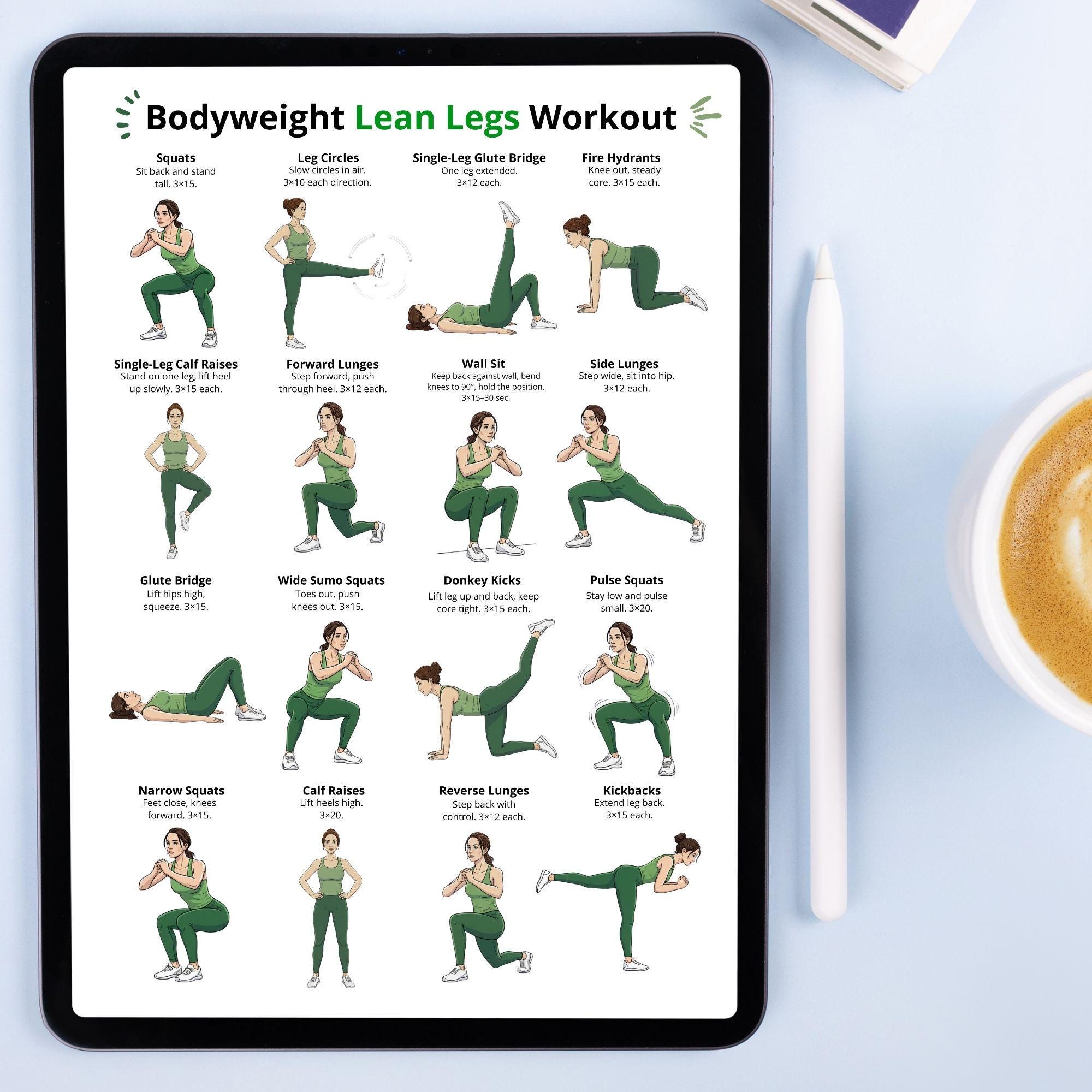 Bodyweight Leg Exercises, Women's Lower Body Workout Chart, at Home Leg ...