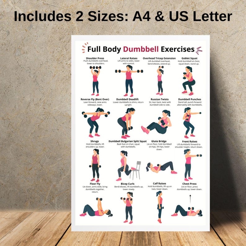 May include: A white poster with the text "Full Body Dumbbell Exercises" and illustrations of various exercises. The poster includes instructions for exercises like shoulder press, lateral raises, and goblet squats. The poster is available in A4 and US Letter sizes.
