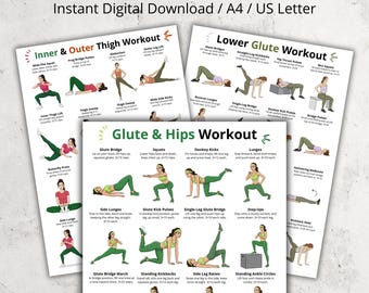 Gesäß-, Hüft- und Oberschenkel-Trainingsposter-Set für Frauen, Unterkörper-Übungsdiagramme, Heimtraining druckbare PDF, Gesäßübungen Poster