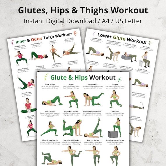 Glute, Hips & Thigh Workout Posters Set for Women, Lower Body Exercise Charts, Home Workout Printable PDF, Glutes Exercises Poster