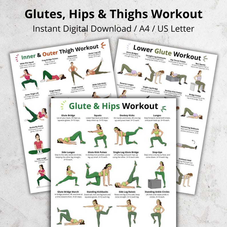 May include: Workout guide for glutes, hips, and thighs. The digital download includes exercises for inner and outer thighs, lower glutes, and glutes and hips. Each exercise is illustrated with a woman in green activewear. Text includes exercise names and instructions.
