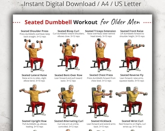 Seated Dumbbell Workout for Older Men Printable, Senior Chair Exercises with Dumbbells PDF, Seated Exercises at Home for Elderly Poster