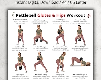 Poster di allenamento per glutei e fianchi con kettlebell, tabella di esercizi stampabile per la parte inferiore del corpo, allenamento per le gambe con kettlebell, esercizi con kettlebell per la palestra di casa in formato PDF