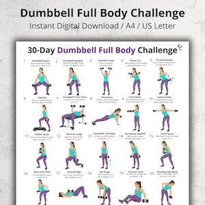 Puede incluir: Un gráfico de entrenamiento de desafío de cuerpo completo con mancuernas de 30 días. La descarga digital incluye ejercicios como sentadillas, peso muerto y press. Cada ejercicio está ilustrado con una persona en ropa deportiva morada.