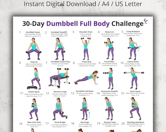30 Day Dumbbell Workout Challenge | Full Body Dumbbell Routine for Women & Beginners | Home Exercise Chart | Dumbbell Exercises PDF Poster