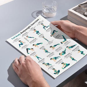 May include: A printed sheet titled "Full Body Bodyweight Exercises" featuring illustrated exercise diagrams. The exercises include lunges, squats, plank, leg raises, and more. The illustrations are in teal and black, with the text in black.