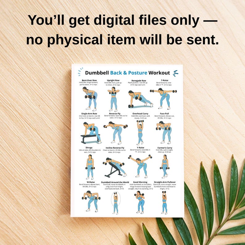 May include: A white poster with the title "Dumbbell Back & Posture Workout" and illustrations of various exercises. The text "You'll get digital files only - no physical item will be sent" is at the top. The poster is on a light wood surface.