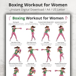 Może przedstawiać: Cyfrowe pobranie zatytułowane "Boxing Workout for Women" z ilustrowanymi instrukcjami ćwiczeń bokserskich. Ćwiczenia obejmują ciosy proste, krzyżowe i uderzenia kolanami, z instrukcjami dla każdego. Dostępne w formatach A4 i US Letter.