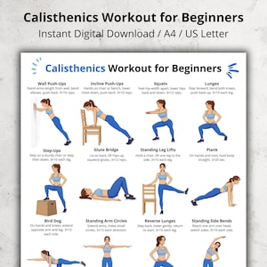 May include: A digital download titled "Calisthenics Workout for Beginners" with exercise illustrations. Includes Wall Push-Ups, Incline Push-Ups, Squats, Lunges, Step-Ups, Glute Bridge, Standing Leg Lifts, Plank, Bird Dog, Arm Circles, Reverse Lunges, and Side Bends.