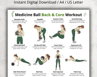 Op de afbeelding: Een digitale download getiteld "Medicine Ball Back & Core Workout" met geïllustreerde oefeningen. De workoutgids bevat instructies voor schouderrollen, deadlifts, Russian twists en meer, met herhalingen en sets.
