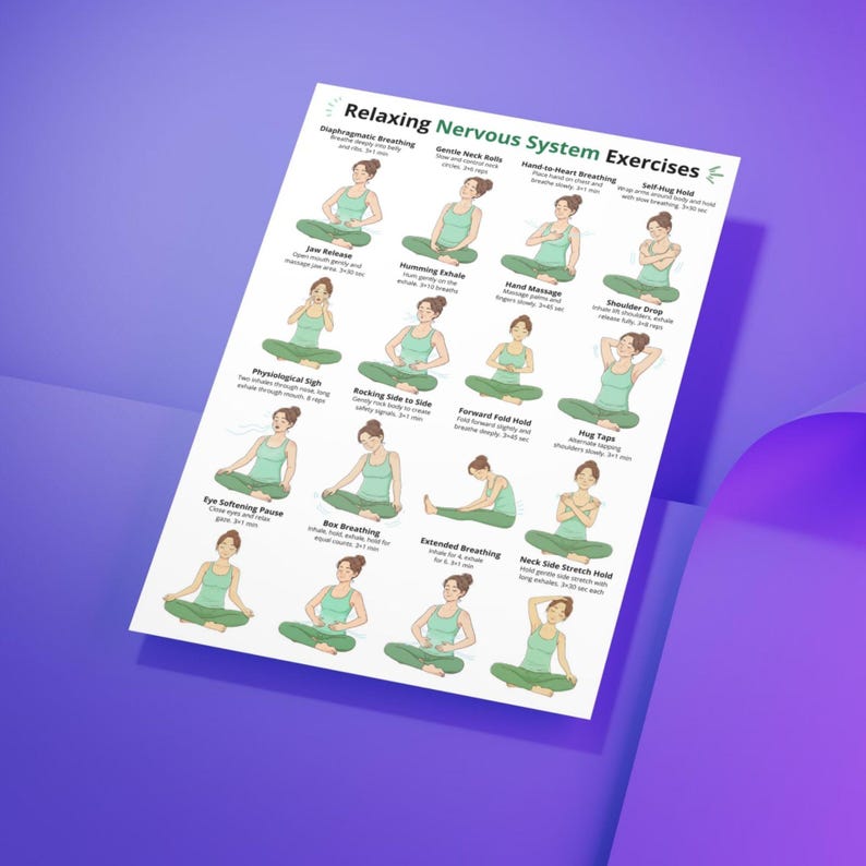 May include: A white poster titled "Relaxing Nervous System Exercises" with illustrations of yoga poses. The poster includes text describing various exercises such as "Diaphragmatic Breathing" and "Jaw Release". The background is a gradient of purple and blue.