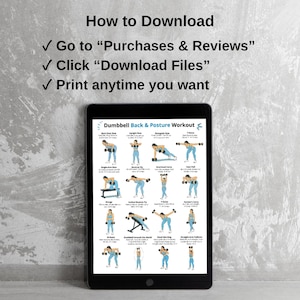 May include: A black tablet displays a "Dumbbell Back & Posture Workout" guide with exercise illustrations. The tablet is positioned in front of a gray textured wall. Text above the tablet reads "How to Download" with instructions.