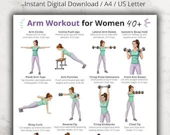 May include: A digital download workout guide titled "Arm Workout for Women 40+". The guide features illustrated exercises, including arm circles, incline push-ups, lateral arm raises, and bicep curls. The guide is designed for A4 and US Letter sizes.