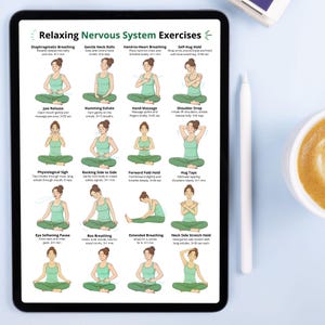 May include: A digital tablet displays "Relaxing Nervous System Exercises" with illustrations of yoga poses. The exercises include breathing techniques and stretches, with instructions and timings. A white stylus and a cup of coffee are visible.