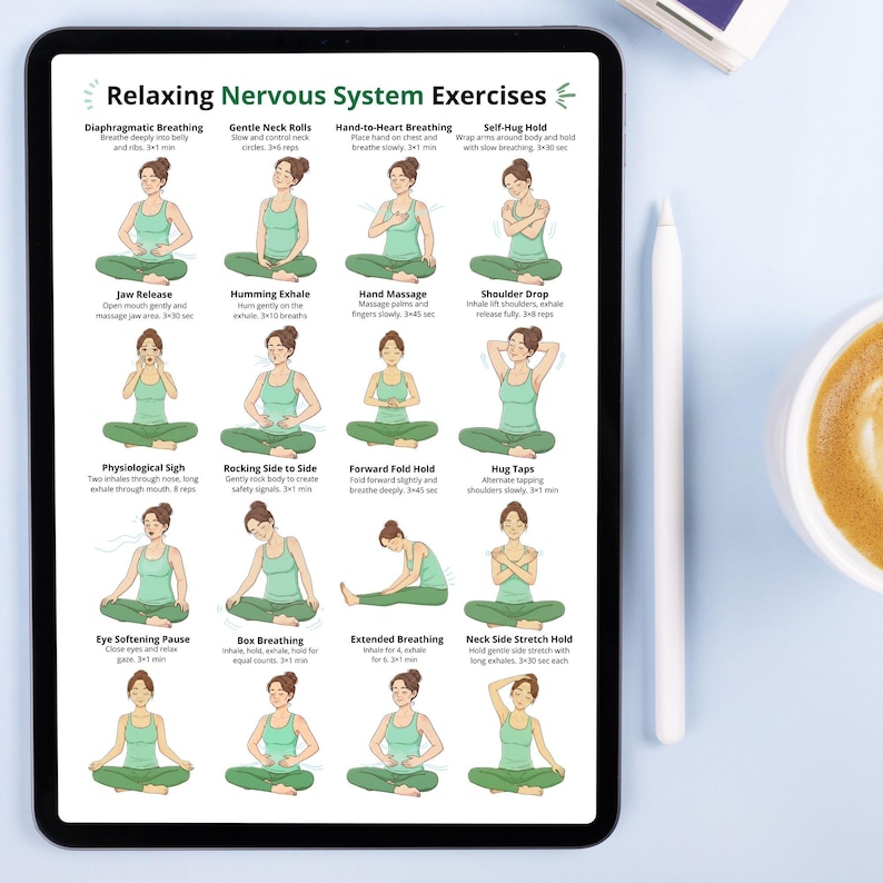 May include: A digital tablet displays "Relaxing Nervous System Exercises" with illustrations of yoga poses. The exercises include breathing techniques and stretches, with instructions and timings. A white stylus and a cup of coffee are visible.