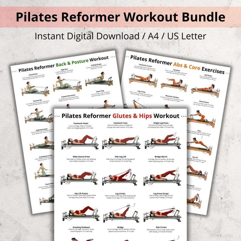 Pilates Reformer Workout Bundle Printable, Reformer Exercise Charts ...