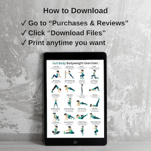 May include: A black tablet displays a workout guide titled "Full Body Bodyweight Exercises." The guide features illustrated exercises with instructions. Above the tablet, text reads "How to Download" with steps to access the digital file.