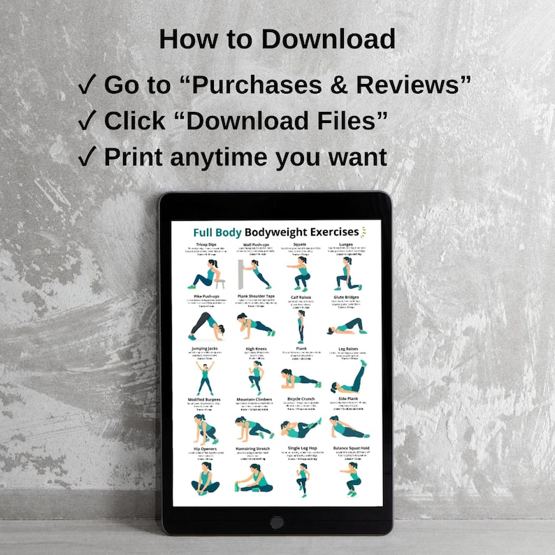 May include: A black tablet displays a workout guide titled "Full Body Bodyweight Exercises." The guide features illustrated exercises with instructions. Above the tablet, text reads "How to Download" with steps to access the digital file.