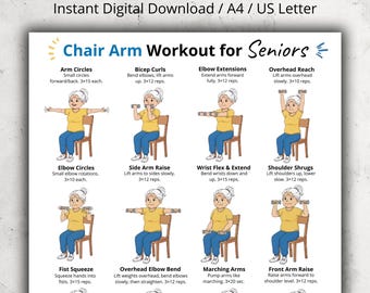 Könnte beinhalten: Ein druckbares Übungsdiagramm mit dem Titel "Chair Arm Workout for Seniors". Das Diagramm zeigt Illustrationen verschiedener Armübungen, darunter Armkreisen, Bizepscurls und Ellenbogenstreckungen. Sofortiger digitaler Download.