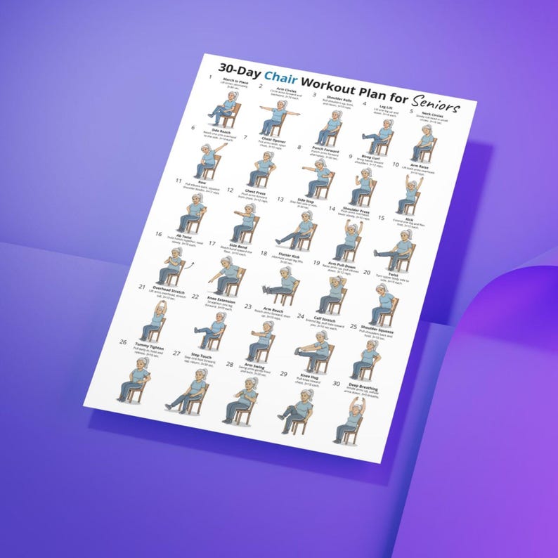 Puede incluir: Un p&oacute;ster blanco titulado "30-Day Chair Workout Plan for Seniors" con ilustraciones de ejercicios. El p&oacute;ster presenta una cuadr&iacute;cula de ejercicios numerados, cada uno representando a una persona realizando un ejercicio sentado. El fondo es un degradado de morado y azul.