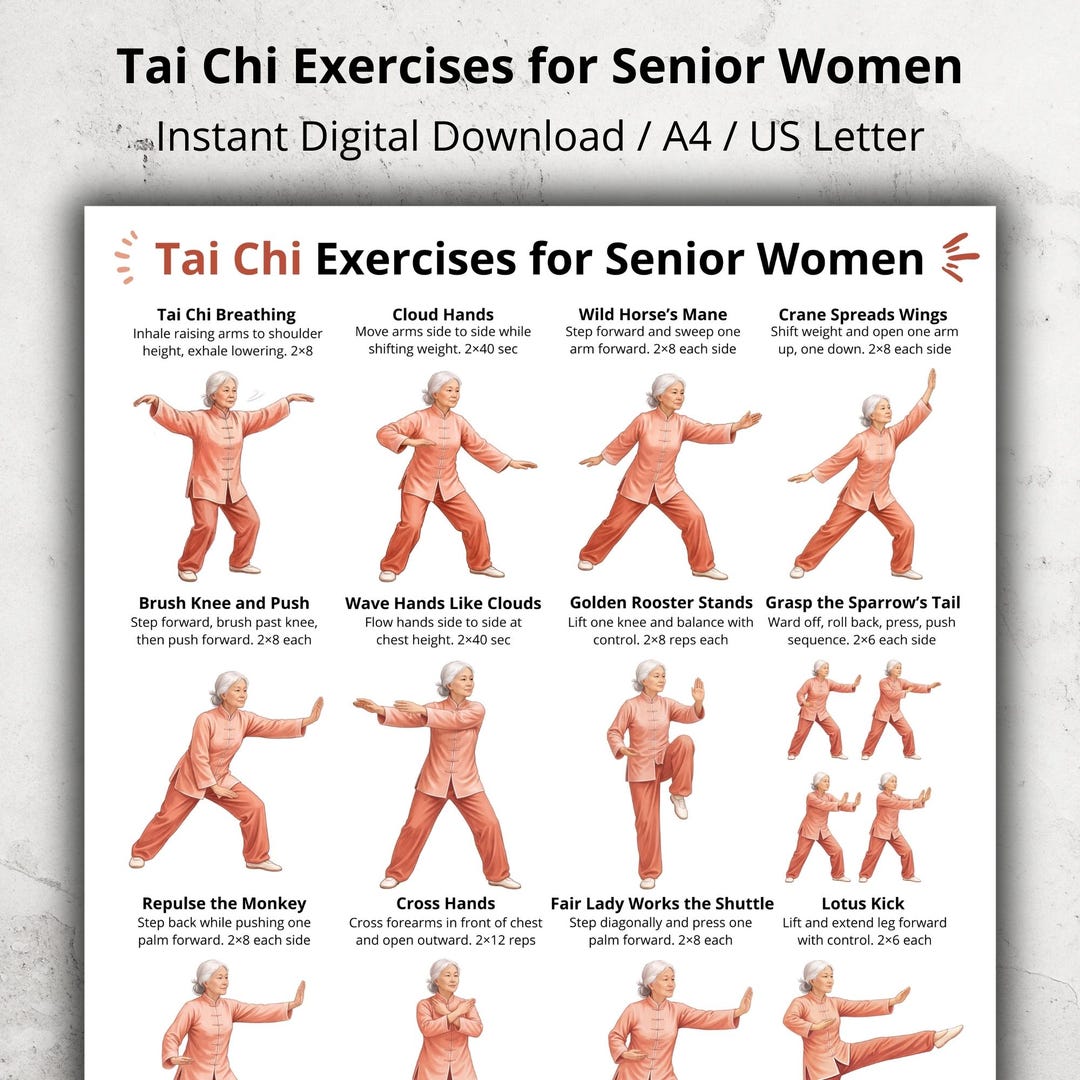 Tai Chi Exercises Poster for Senior Women Printable PDF, Gentle Tai Chi ...