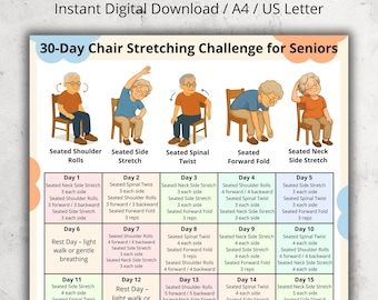 30 Day Chair Stretching Challenge for Seniors, Printable Exercise Chart with Instructions, Gentle Seated Workout for Elderly at Home PDF