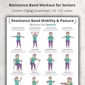 Resistance Band Mobility & Posture Exercises for Seniors Printable Poster, Resistance Band Chart PDF, Seated Exercise Wall Art for Home Gym