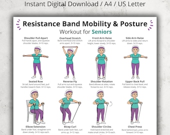 May include: A digital download titled "Resistance Band Workout for Seniors" with illustrated exercises. The exercises include shoulder pull-apart, overhead stretch, front arm raise, side arm raise, seated row, reverse fly, shoulder rotation, and upper back pull.