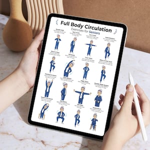 May include: A tablet displays a guide titled "Full Body Circulation Exercises for Seniors." The guide features illustrated exercises, including shoulder rolls, arm circles, and side steps. The tablet is held by a person, with a stylus resting nearby.