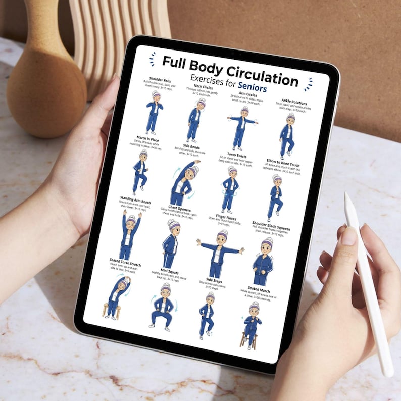 May include: A tablet displays a guide titled "Full Body Circulation Exercises for Seniors." The guide features illustrated exercises, including shoulder rolls, arm circles, and side steps. The tablet is held by a person, with a stylus resting nearby.
