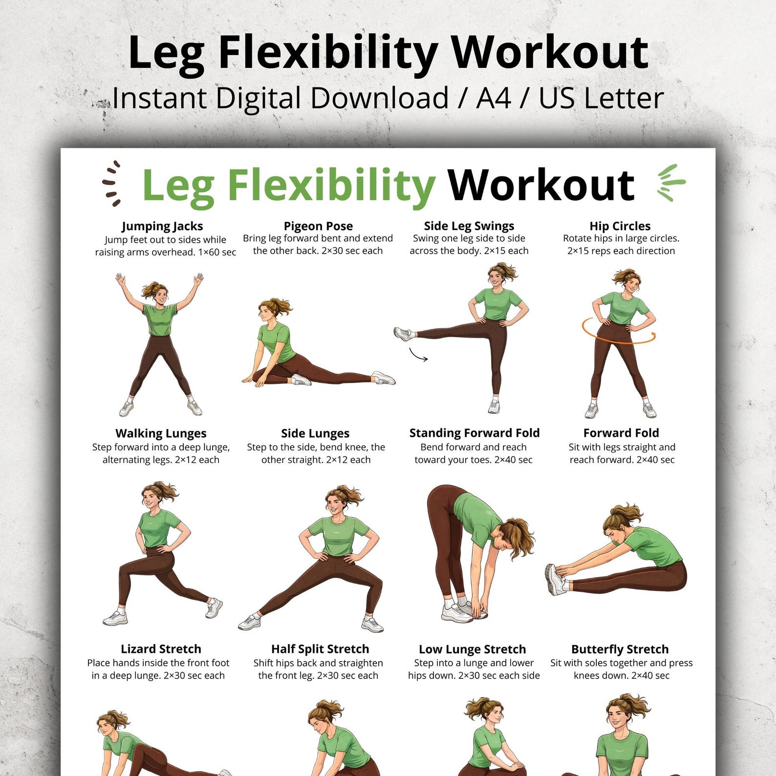 Legs Stretching Routine Leg Exercises Poster Printable, Leg Stretch Exercises Chart, Lower Body ...