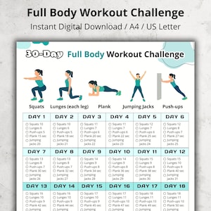 Reto de entrenamiento de cuerpo completo de 30 días: tabla de ejercicios en casa, tabla de fitness sin equipo (PDF), rutina de entrenamiento diaria, reto de fitness de 30 días